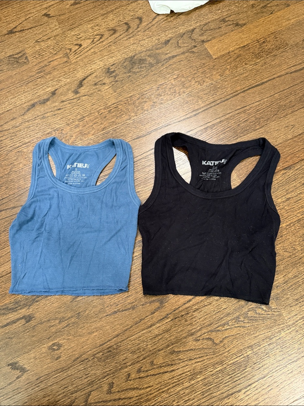 Set of Katie J Blue and Black Ribbed Racerback Crop Tops